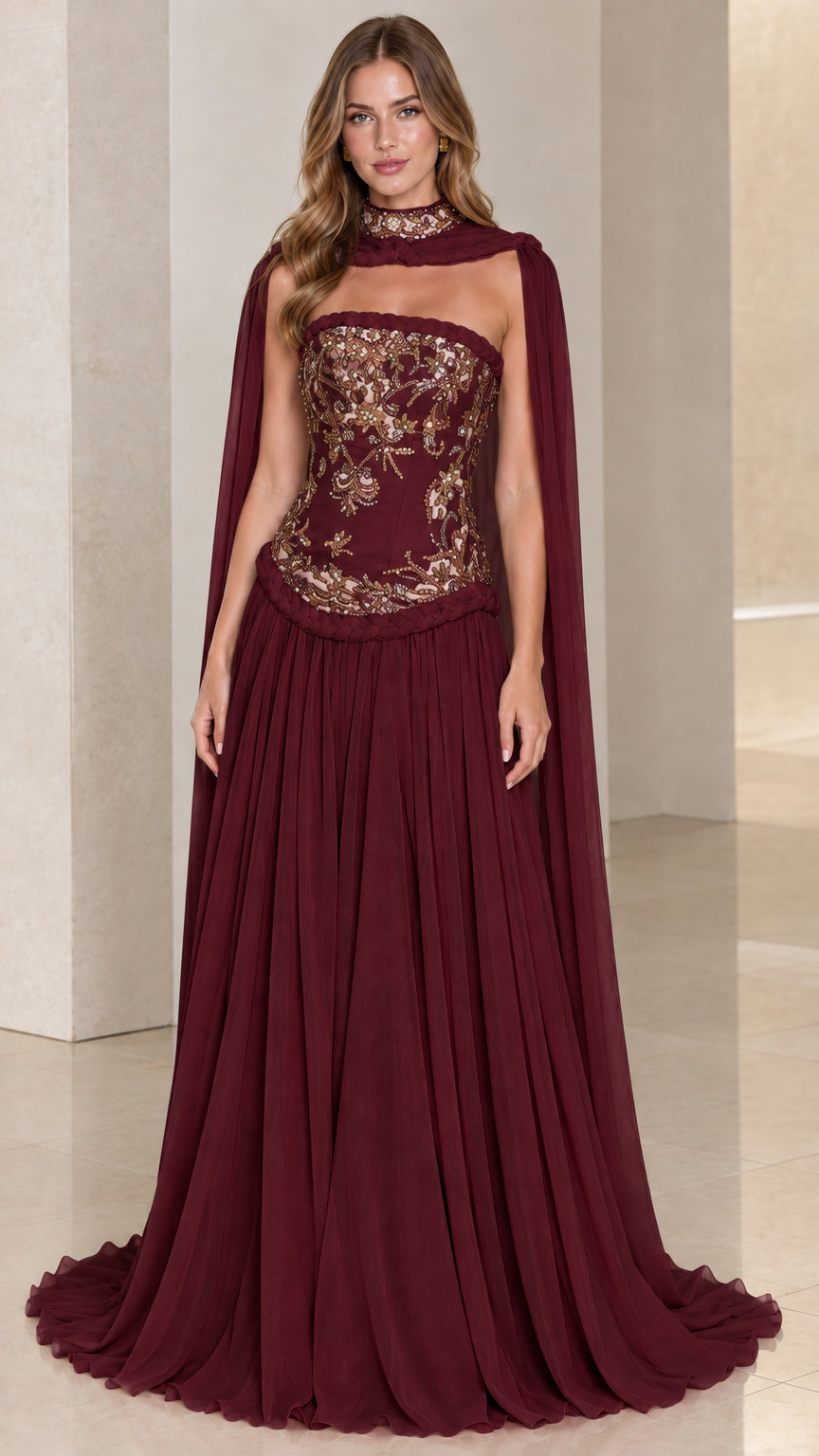 Burgundy strapless evening dress with gold embellishment and flowing sheer cape