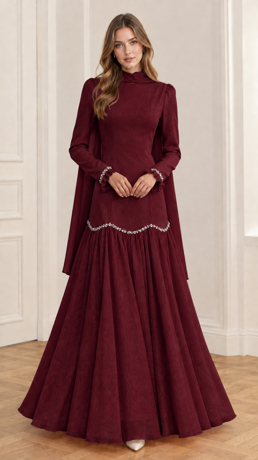 Burgundy high-neck long-sleeve embellished formal evening gown