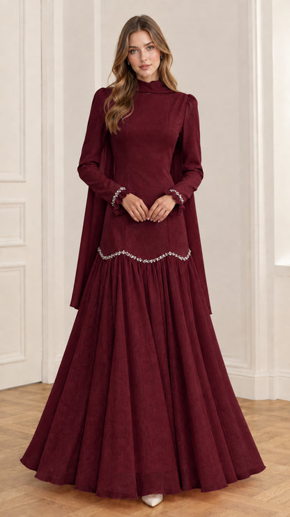 Burgundy high-neck long-sleeve embellished formal evening gown