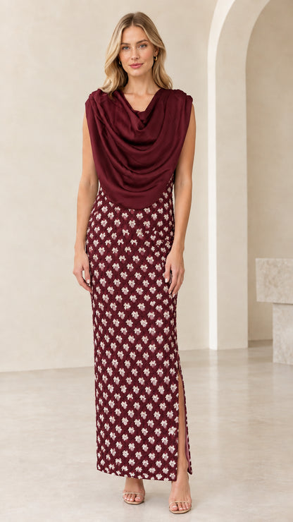 Burgundy wine draped cowl neck column maxi dress front view