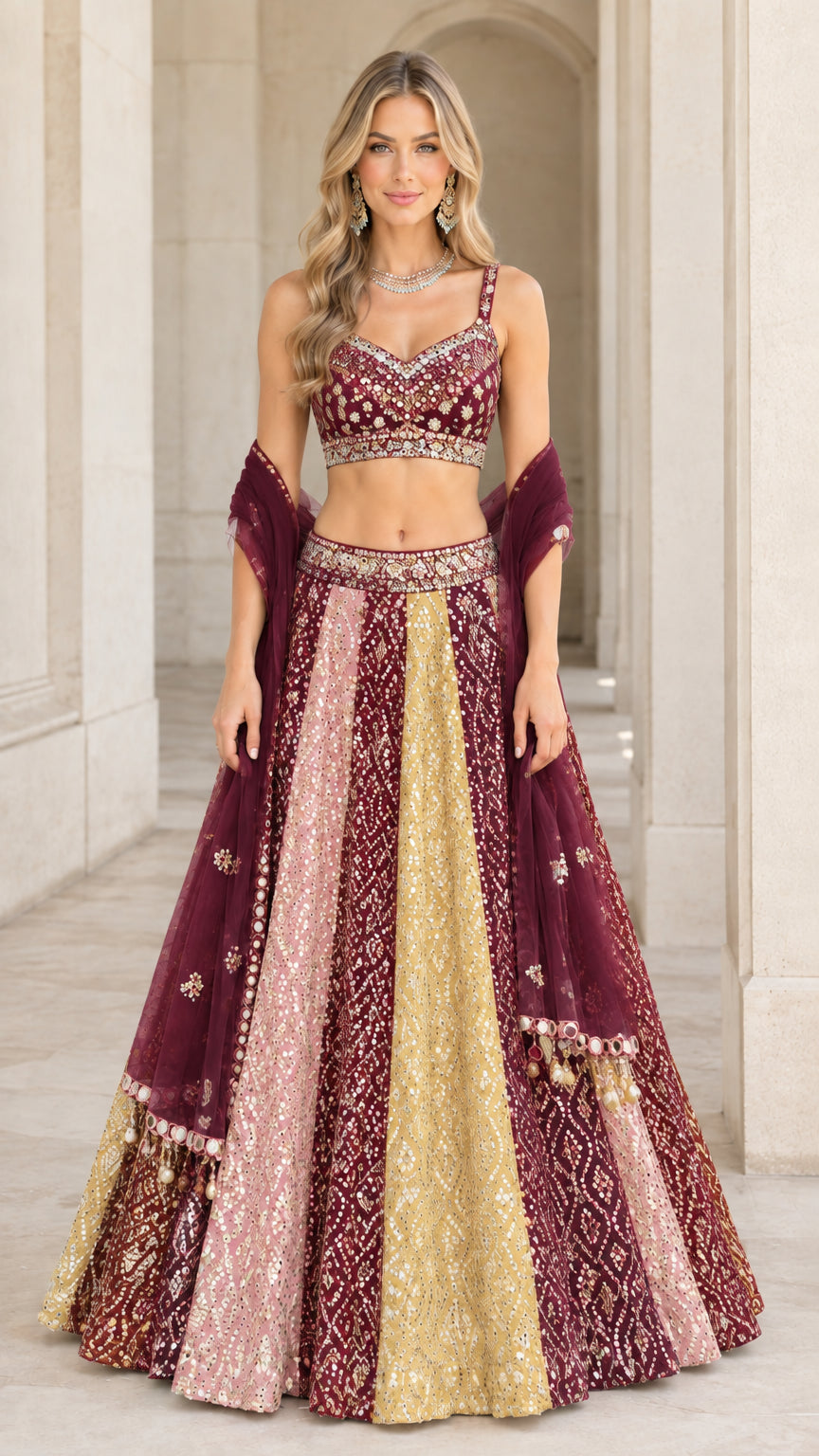 Model wearing wine and gold multi panel embroidered lehenga choli set