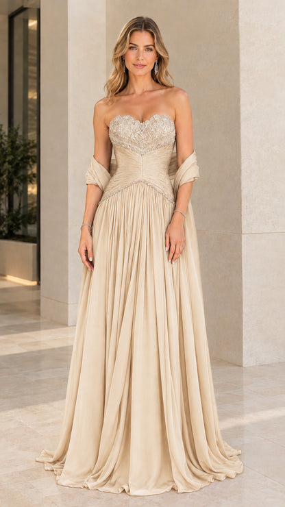 Front view of model wearing Champagne strapless embroidered chiffon evening dress with matching shawl