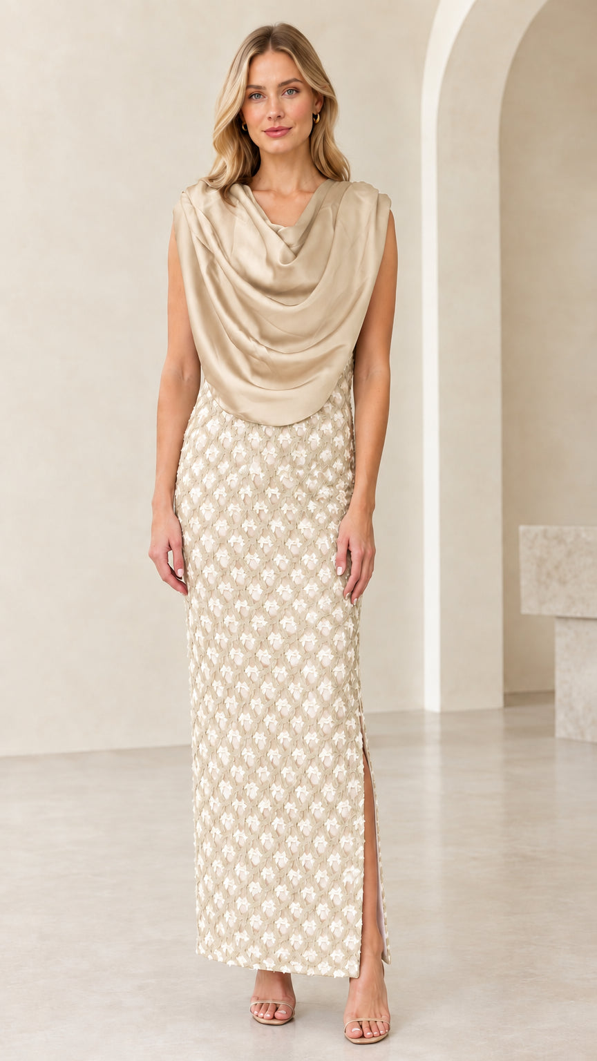 Champagne draped cowl neck textured column evening maxi dress
