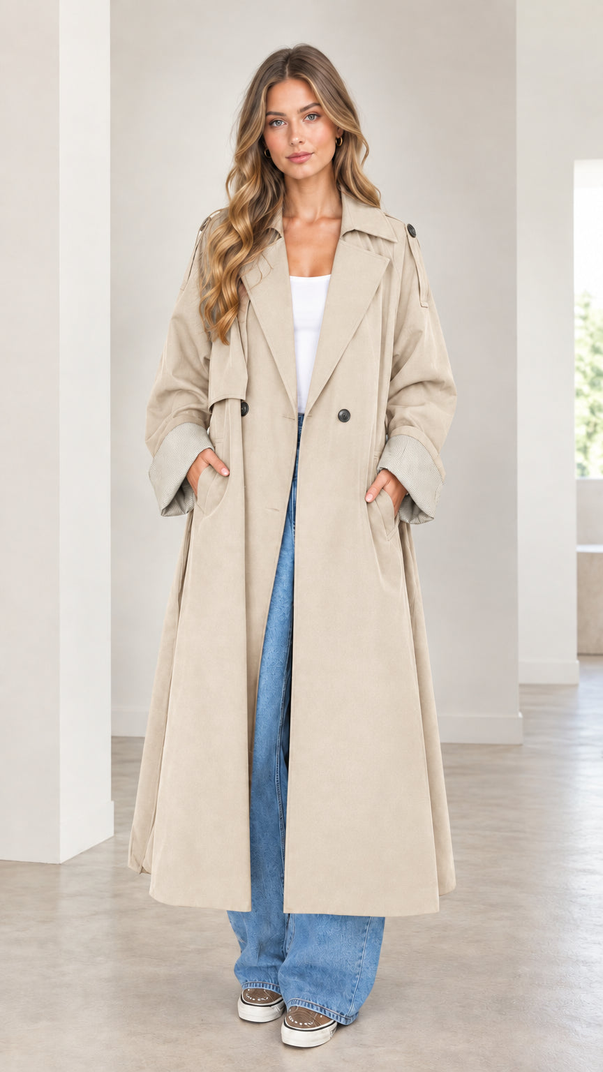 Front full-length view of woman wearing the classic beige oversized maxi trench coat