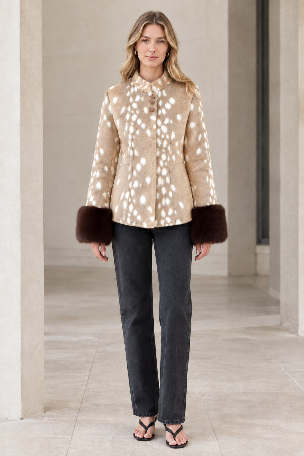 Front view of model wearing beige spotted faux fur jacket with plush cuffs