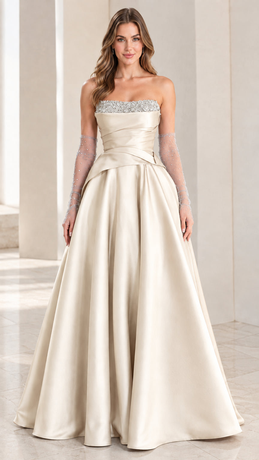 Champagne ivory strapless satin evening gown with beaded neckline