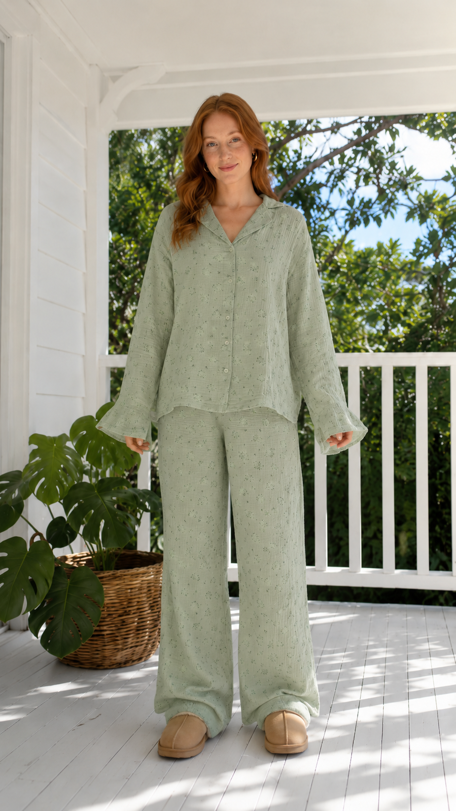 Front view of sage green floral lounge set with relaxed long sleeve top