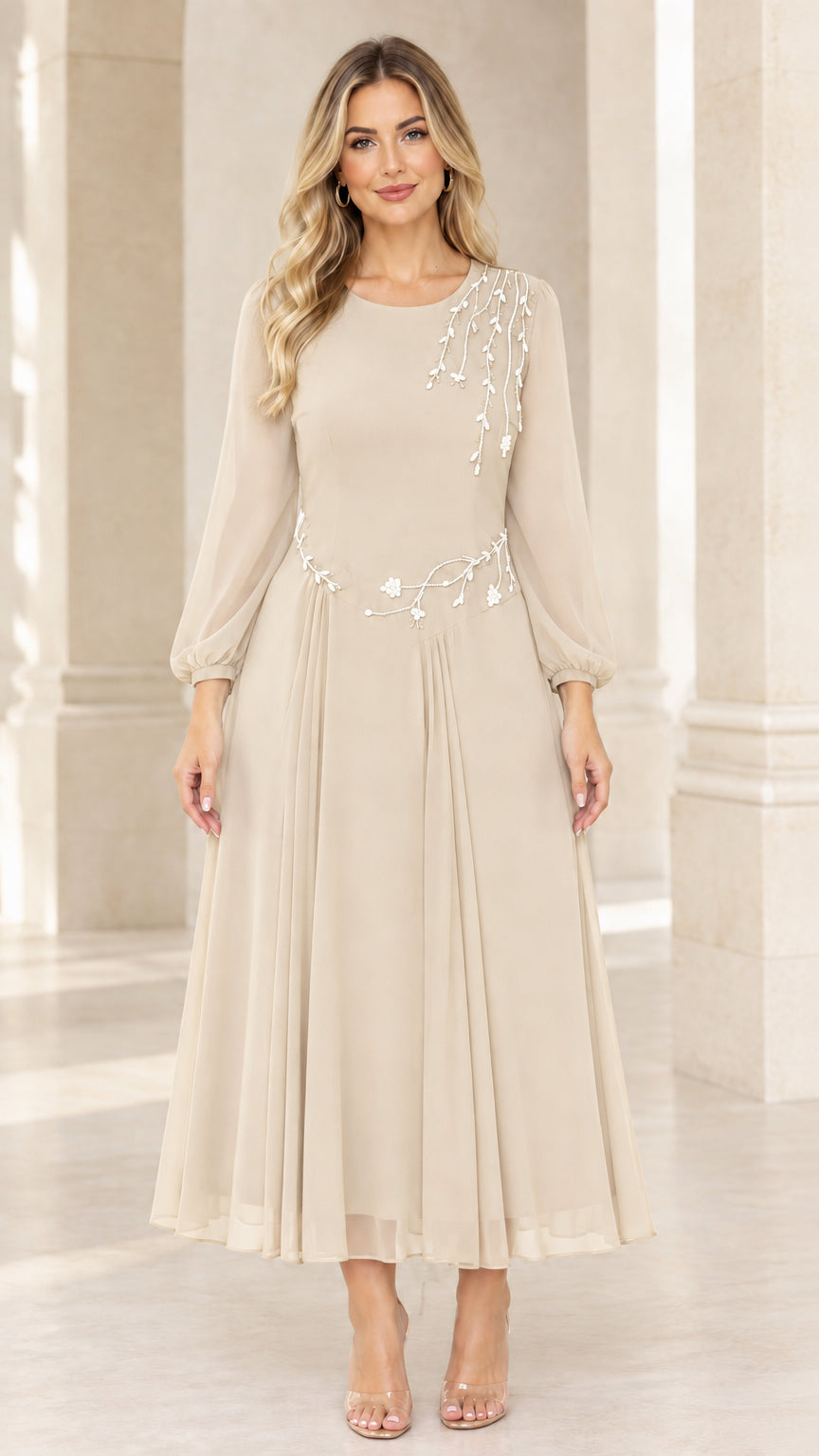 Champagne beige long sleeve pleated chiffon midi dress with rhinestone vines