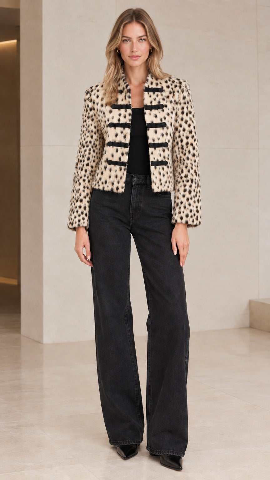 Full front view of model in Beige Leopard cropped military jacket