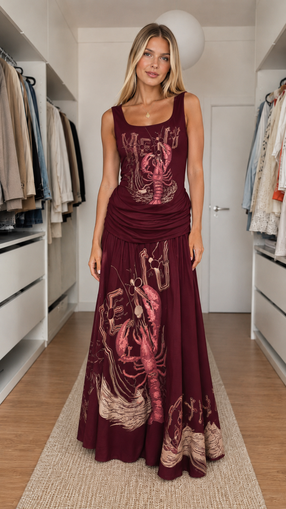 Front view of burgundy printed sleeveless maxi dress with ruched waist detail