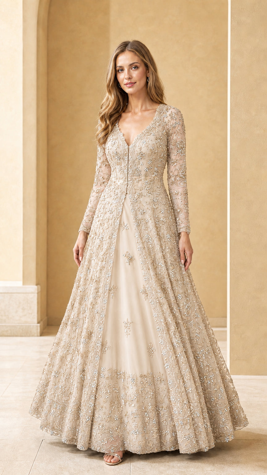 Champagne gold embellished long sleeve formal evening gown