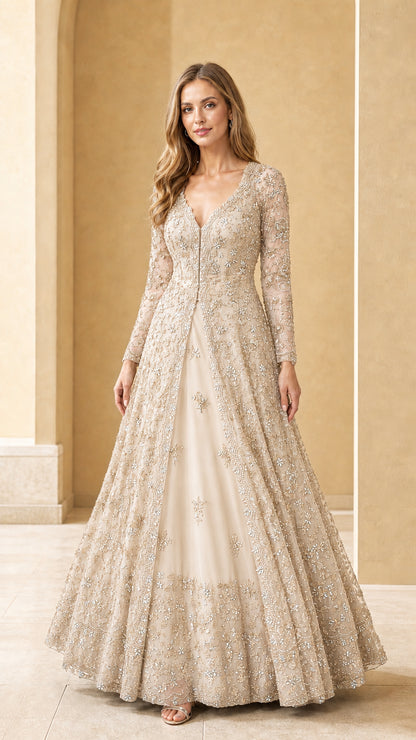 Champagne gold embellished long sleeve formal evening gown