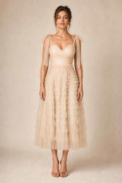 Ethereal Tiered Tulle Midi Dress in Champagne