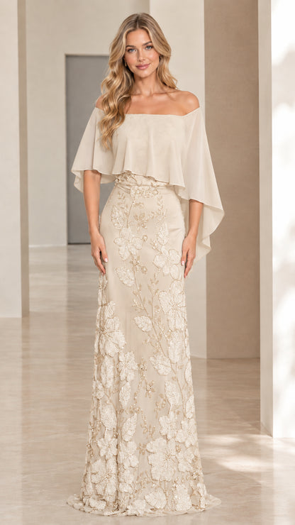 Champagne beige floral lace maxi gown with chiffon capelet