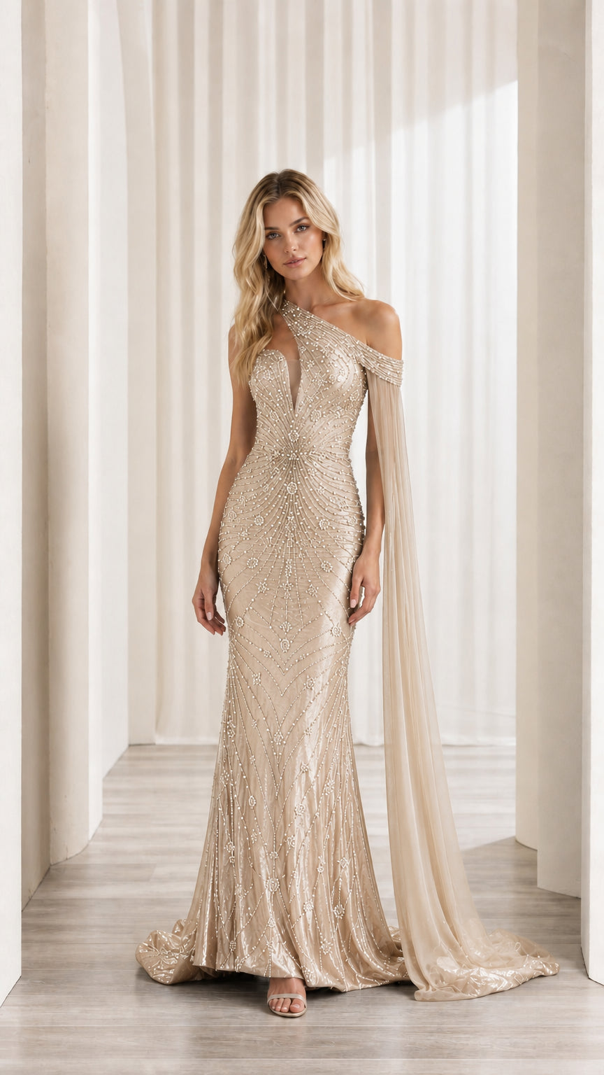 Front view of model wearing champagne gold sequin one-shoulder evening gown