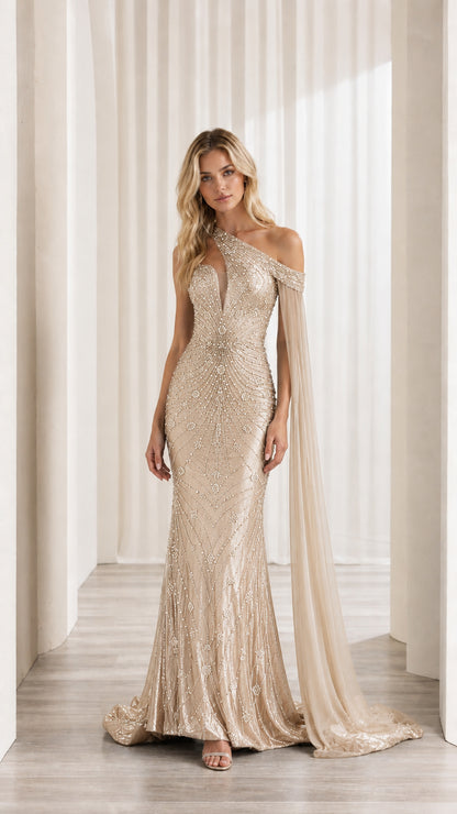 Front view of model wearing champagne gold sequin one-shoulder evening gown