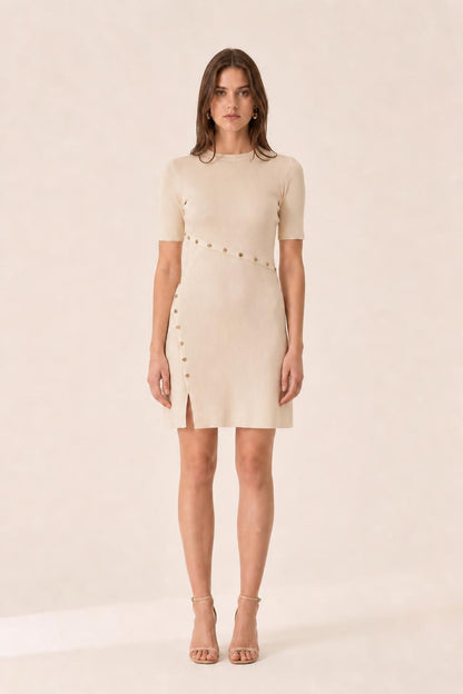 Women's Ribbed Knit Mini Dress with Gold-Tone Button Accents