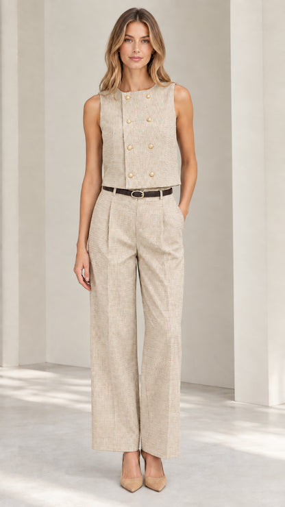 Women's double-breasted vest and pleated wide leg pants set in beige oatmeal