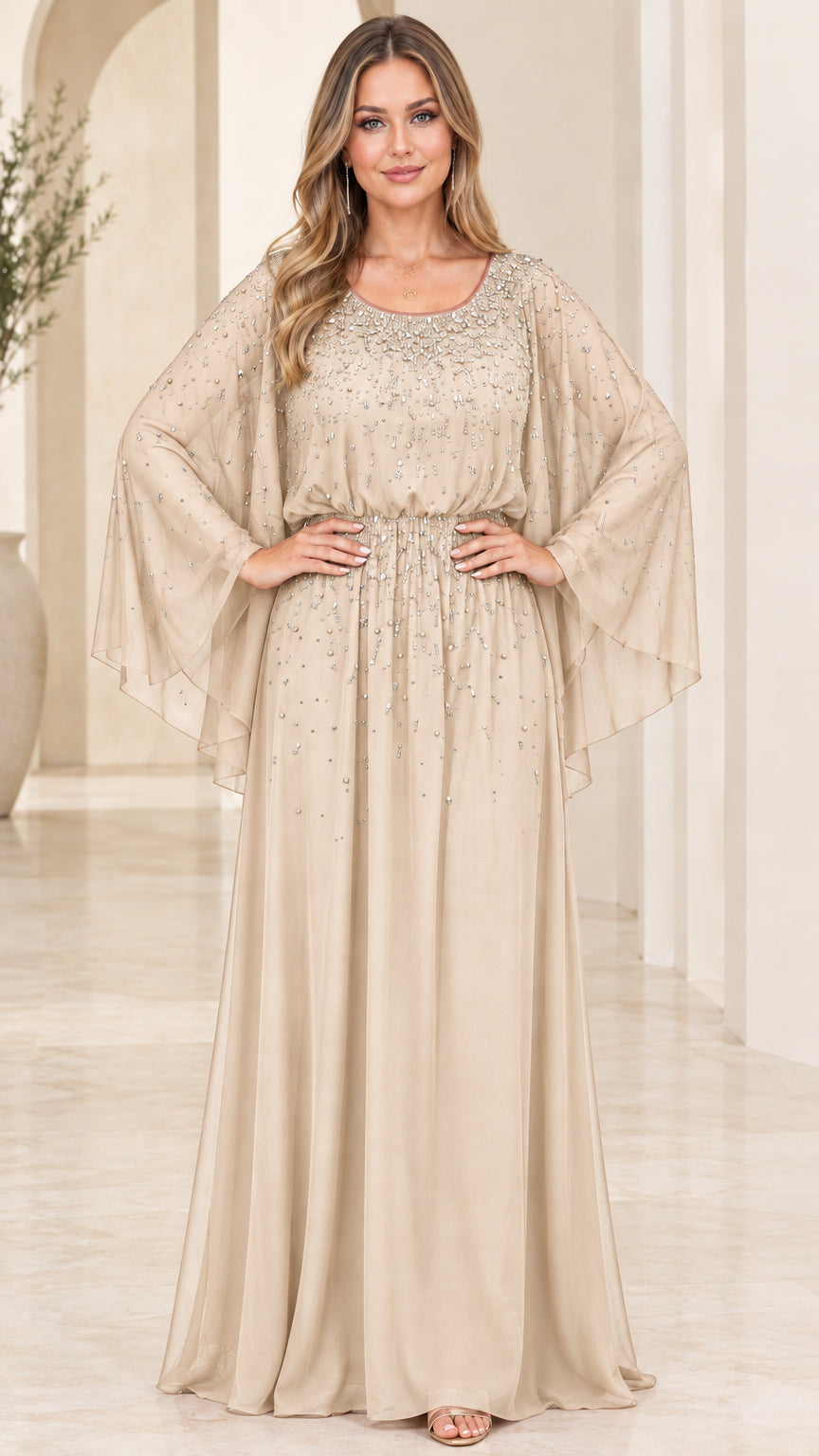 Champagne beige beaded cape sleeve chiffon evening maxi dress