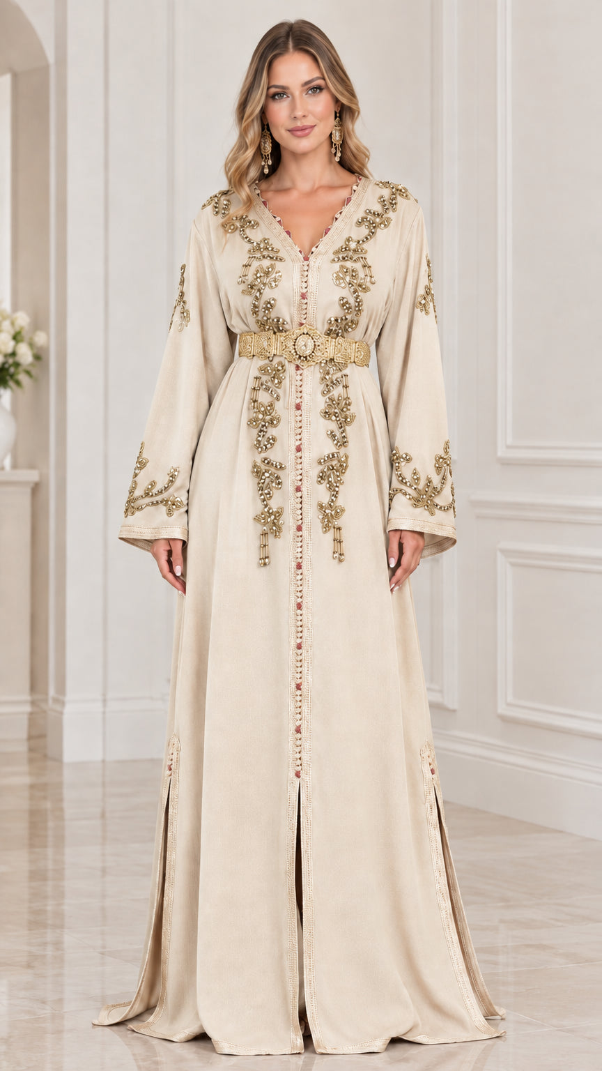 Front view of model wearing Champagne cream embroidered Moroccan kaftan dress