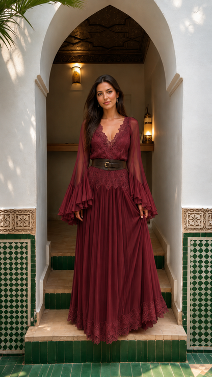Front view of burgundy lace trim pleated maxi dress with long bell sleeves and dark waist belt