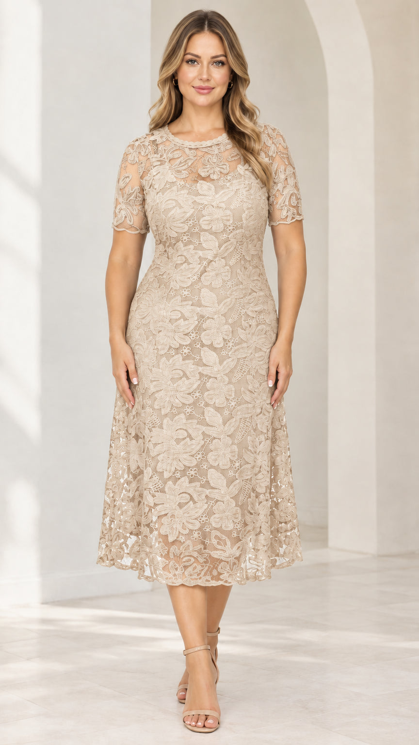 Front view of champagne beige floral lace short sleeve midi dress on model