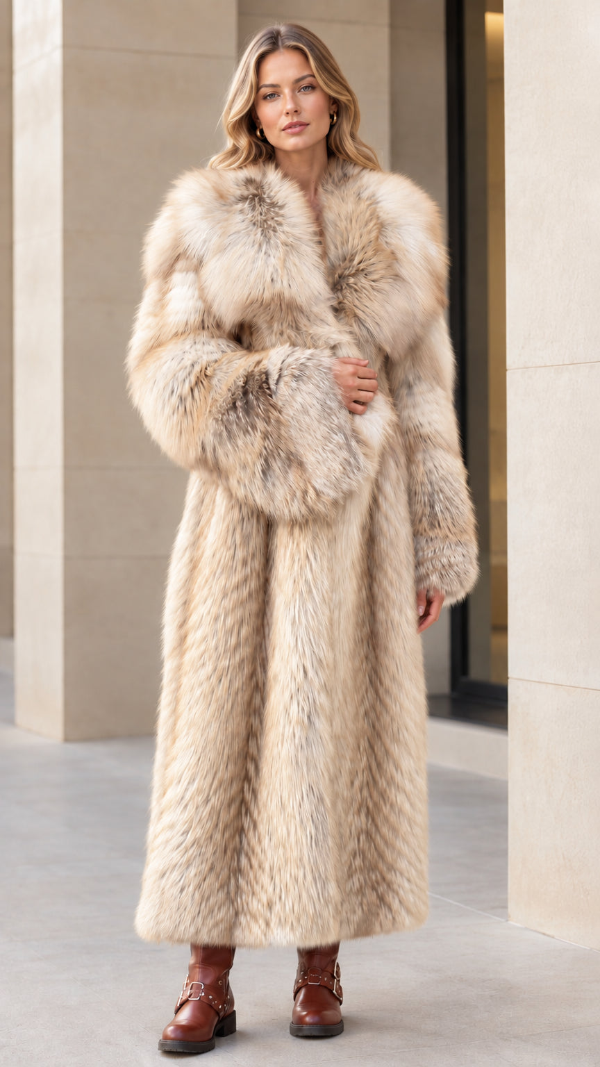 Front view of woman wearing champagne beige plush full-length faux fur coat
