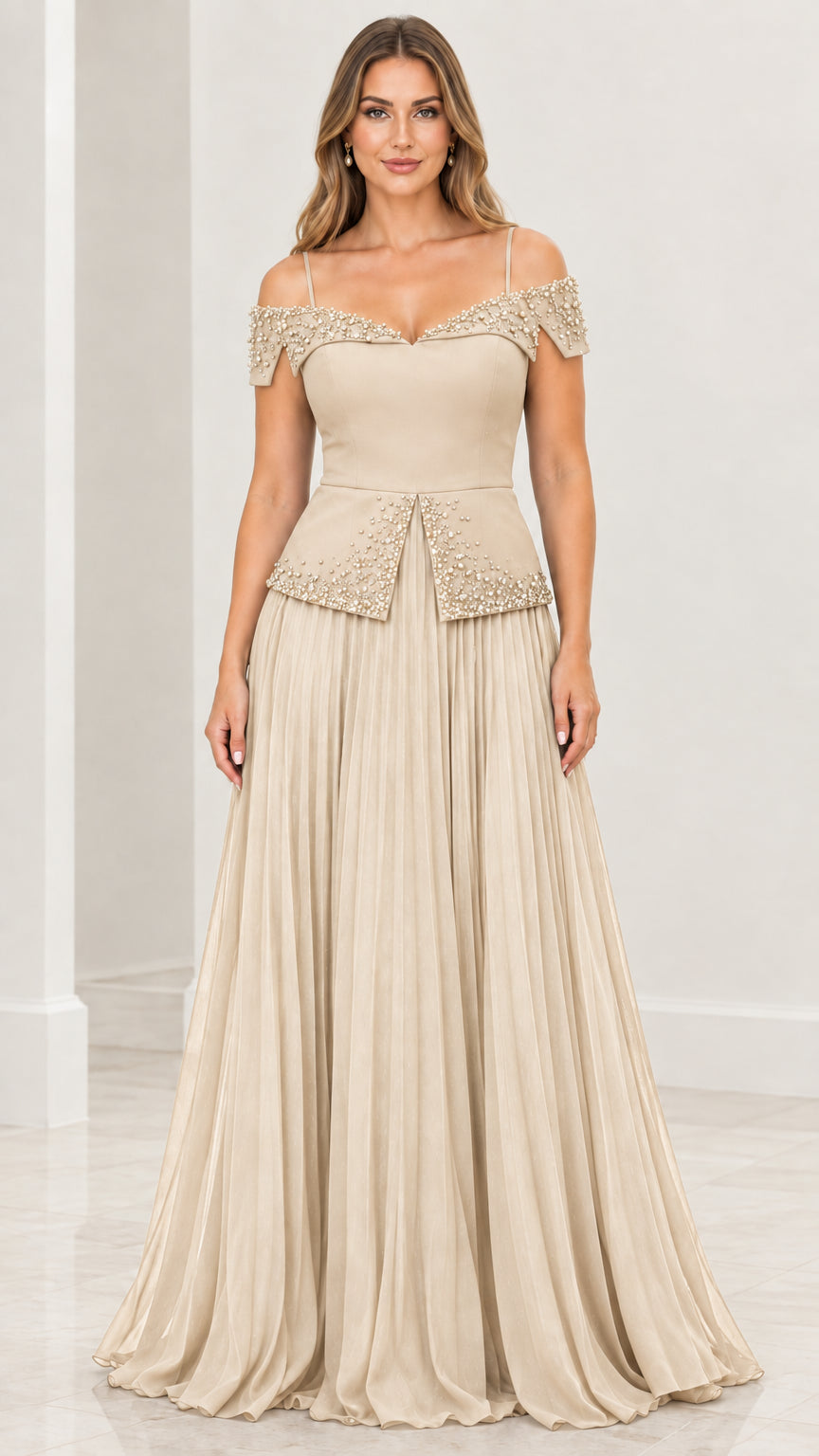 Champagne cold-shoulder beaded pleated evening gown