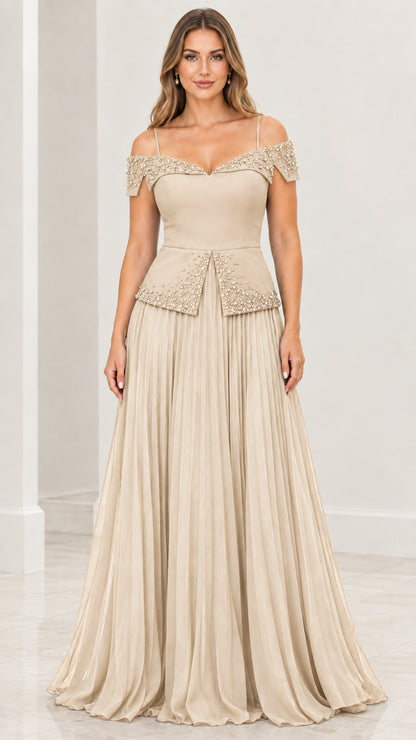 Champagne cold-shoulder beaded pleated evening gown