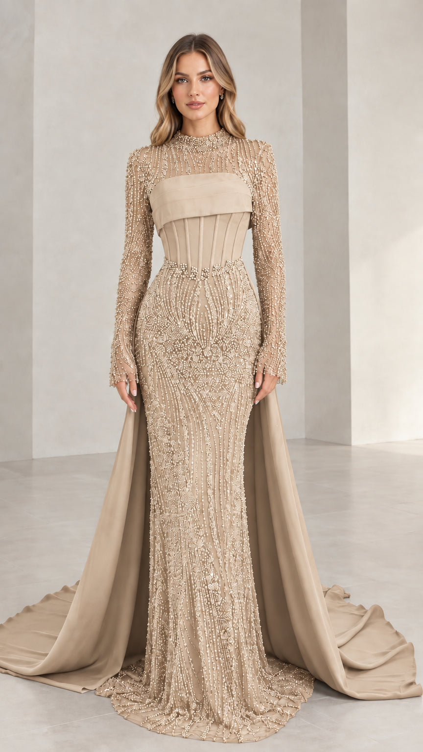 Full-length front view of champagne gold beaded formal dress with corset and train