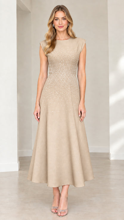 Front view of champagne beige rhinestone embellished evening midi dress