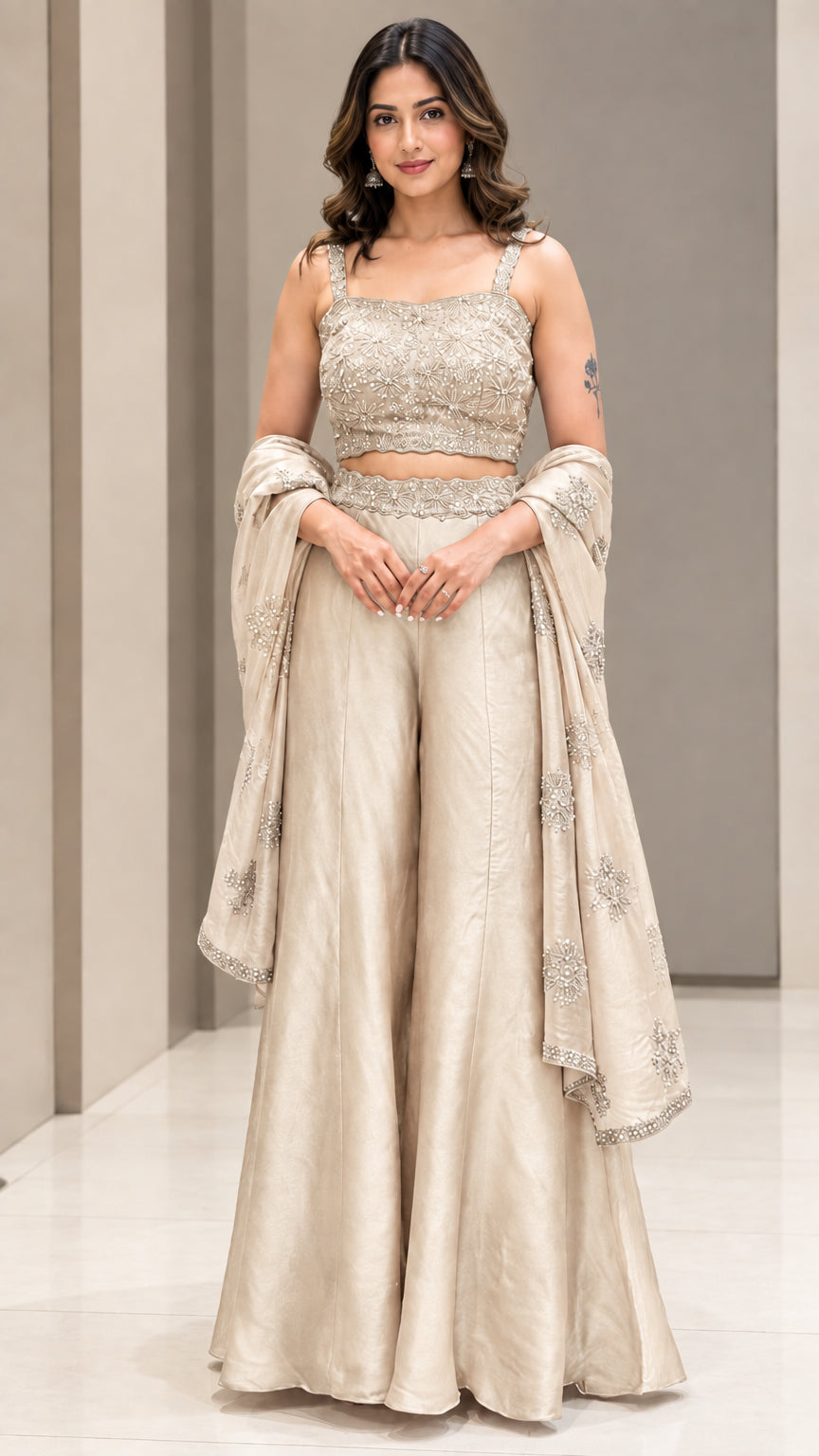 Full-length studio view of woman wearing Champagne gold embroidered palazzo pant set