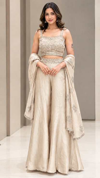 Full-length studio view of woman wearing Champagne gold embroidered palazzo pant set