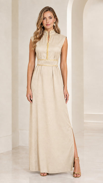 Front view of champagne beige sleeveless mandarin collar maxi dress with gold trim