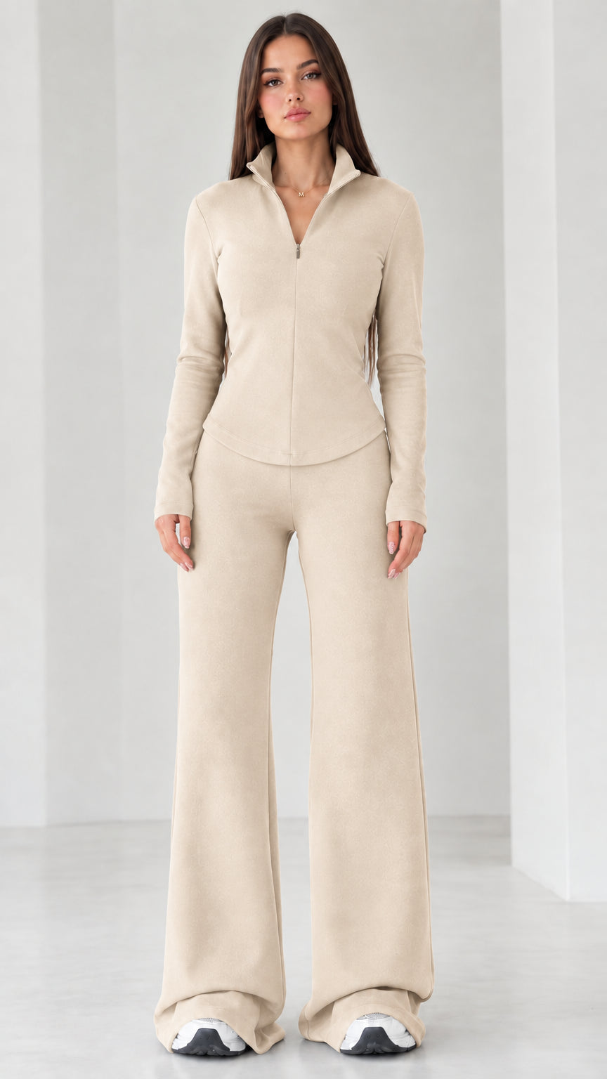 Women's beige cream two-piece casual lounge set with quarter-zip top