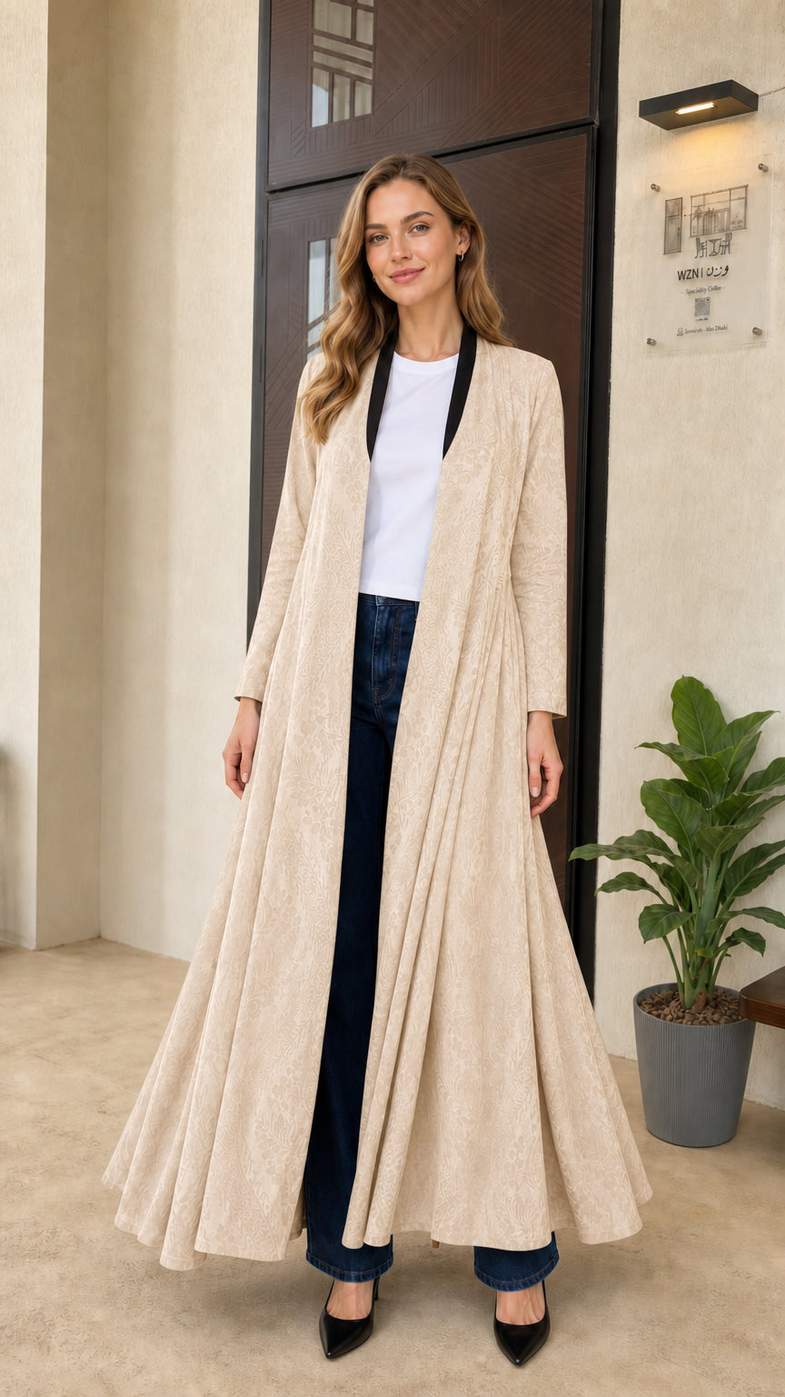 Front full-length view of cream beige jacquard open-front maxi duster coat