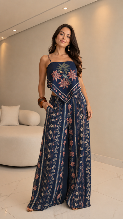Front view of navy floral print cami top and wide leg pants set