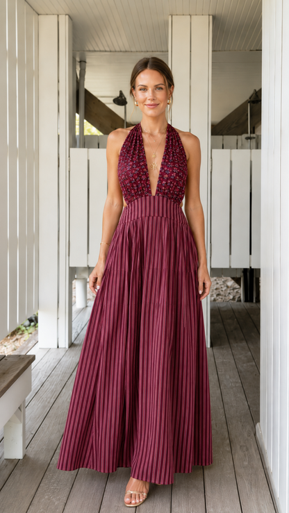 Front view of burgundy pleated halter backless maxi dress