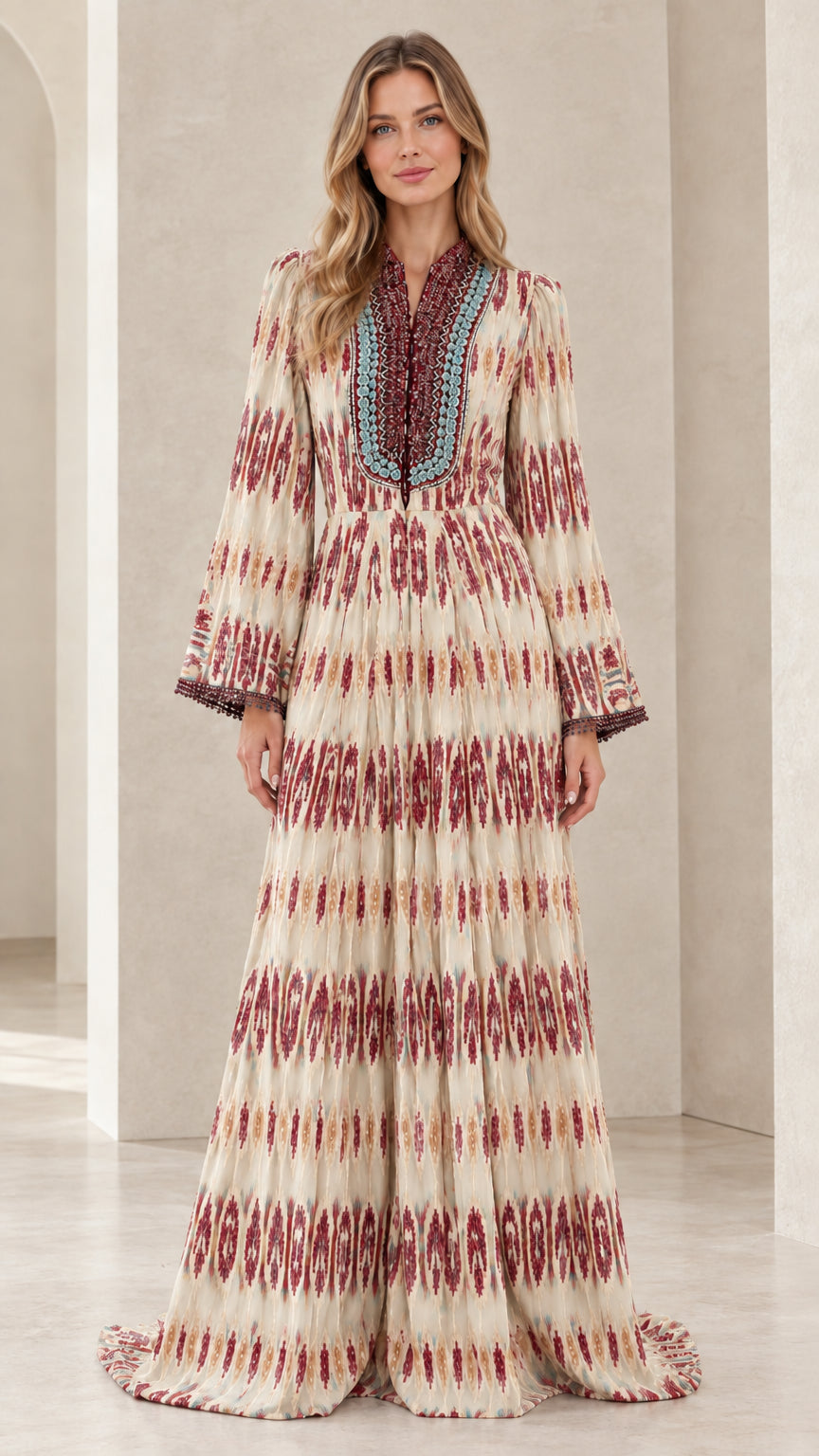 Full front view of beige cream ikat print long sleeve bohemian maxi dress