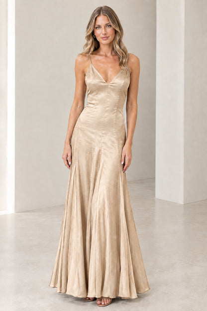 Front view of model wearing Champagne gold satin slip maxi dress