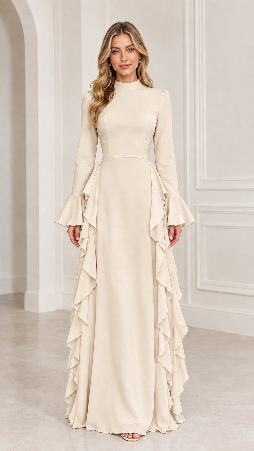 Front view of woman wearing Champagne long sleeve formal maxi dress