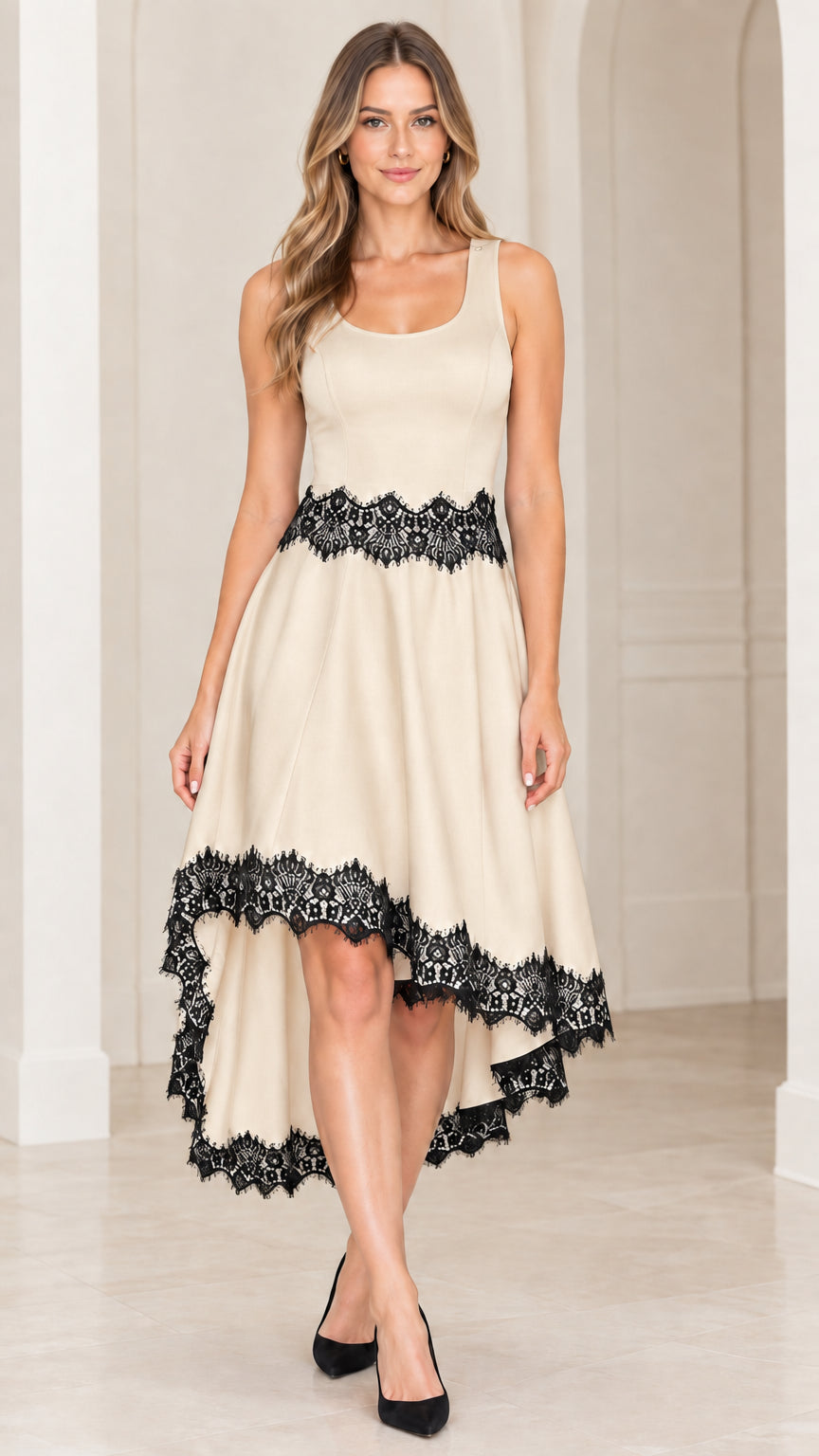 Front view of beige champagne sleeveless high-low dress with black lace trim