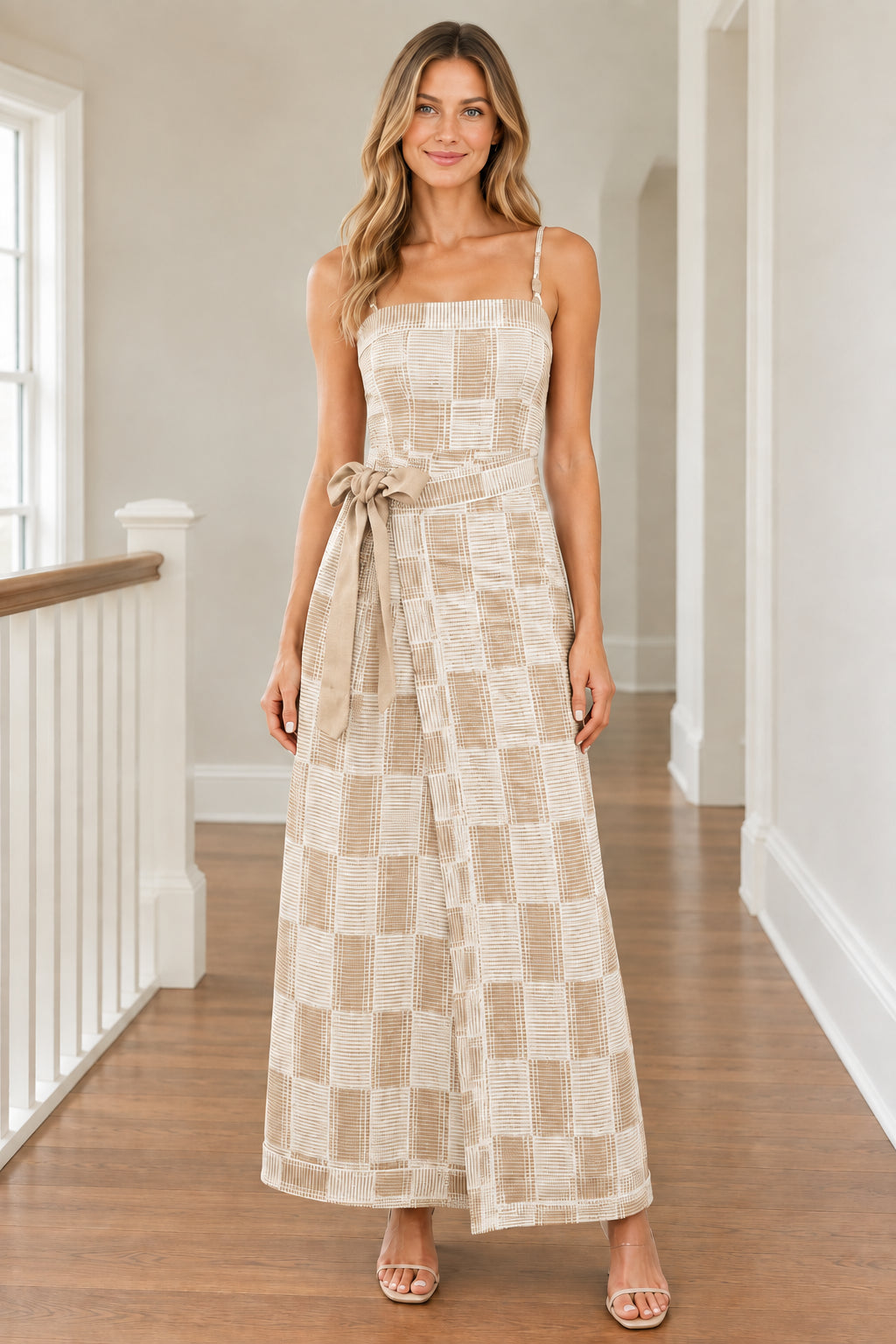 Front view of woman wearing Beige geometric plaid wide-leg jumpsuit