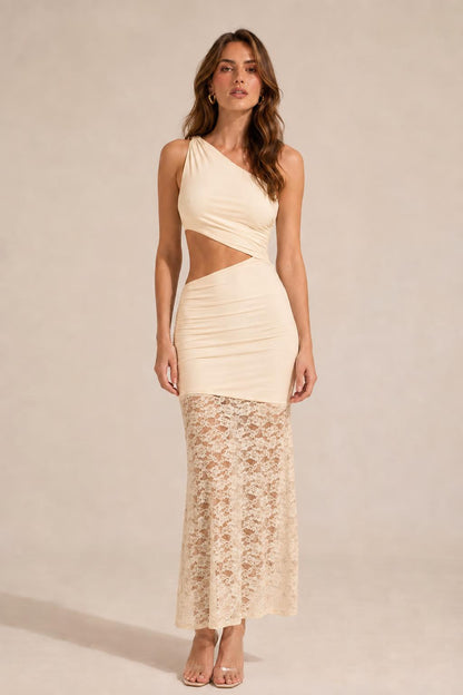 One-Shoulder Cutout Lace Panel Maxi Dress