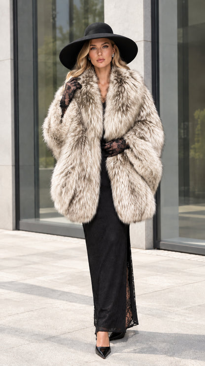 Full front view of model wearing Beige taupe plush faux fur cocoon coat