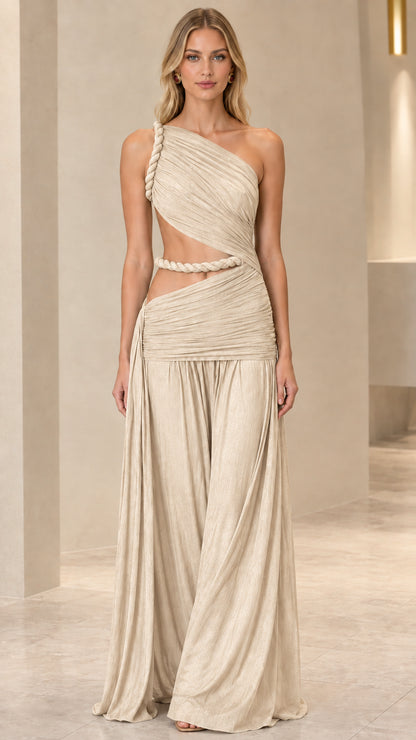 Champagne beige one-shoulder pleated cutout wide-leg jumpsuit