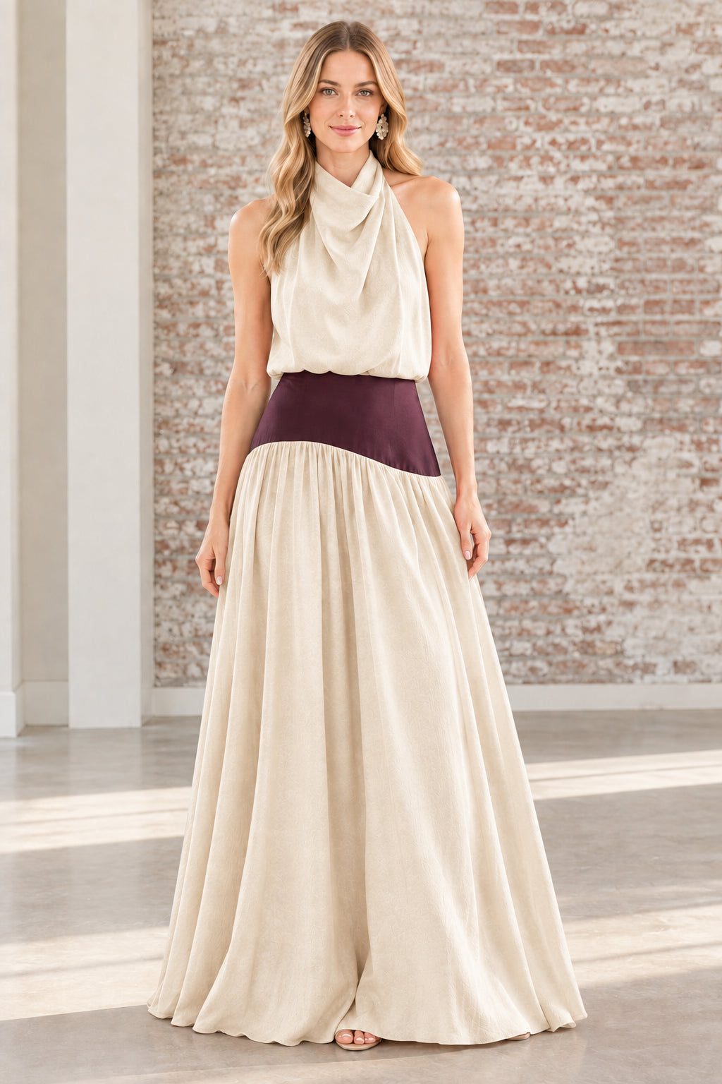 Champagne cowl halter maxi dress with contrast plum waistband