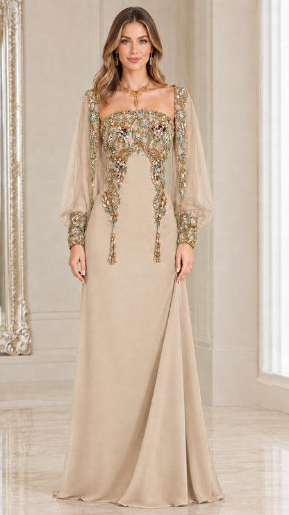 Champagne beige beaded formal maxi dress with embellished cuffs
