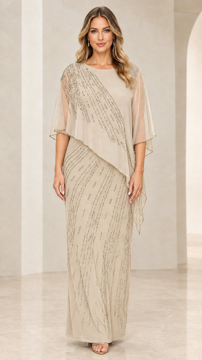 Front view of model wearing Champagne beaded capelet maxi dress