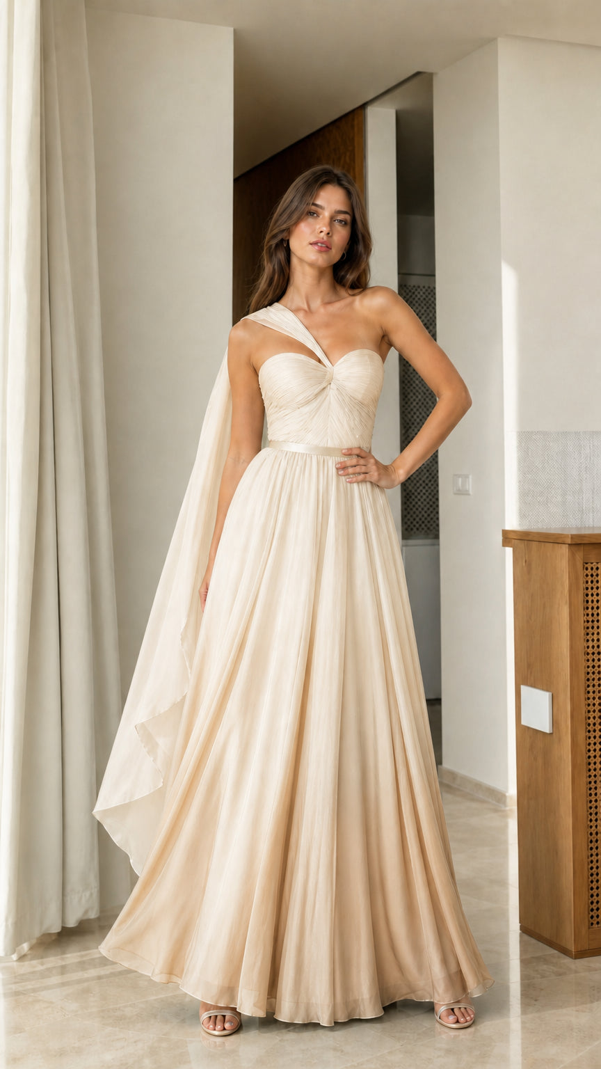 Full front view of solid champagne gold one-shoulder formal evening gown